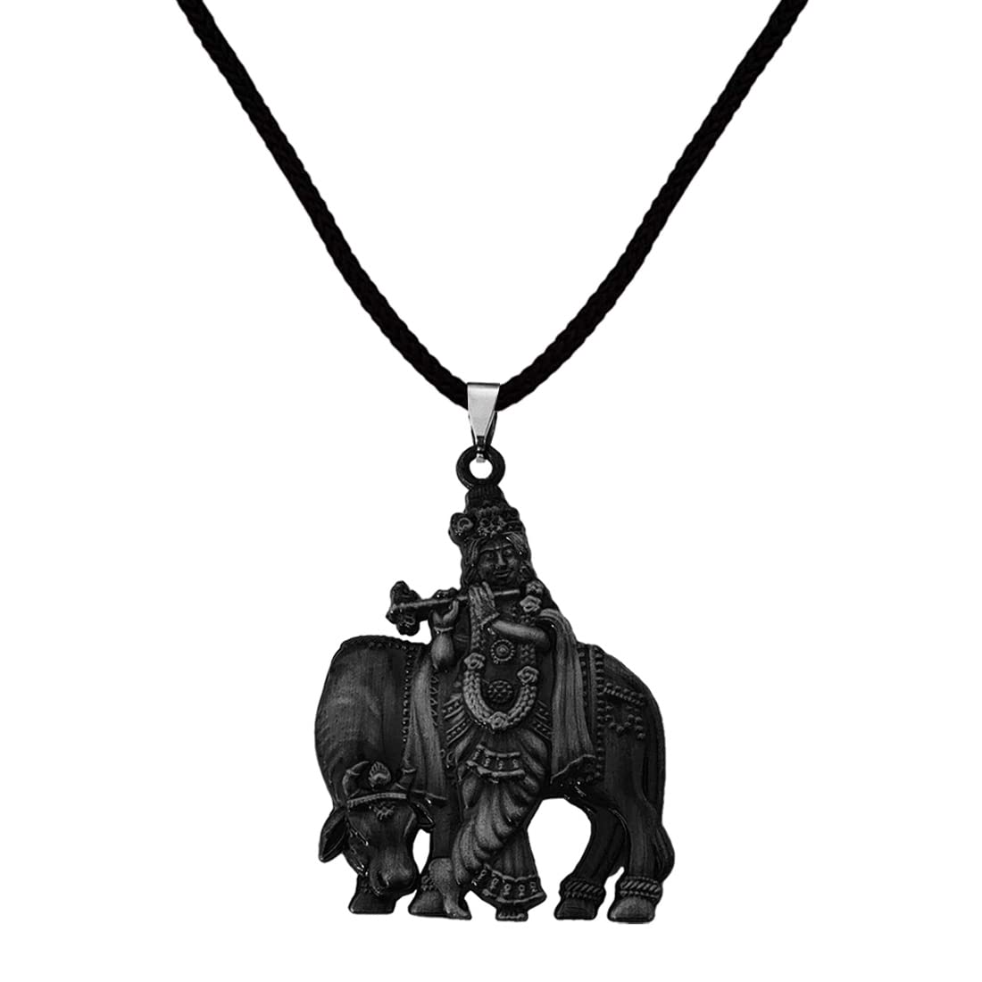 Lord Krishna with Cow Idol With Cotton Dori Grey Zinc And Metal Pendant Necklace For Men And women-image-46