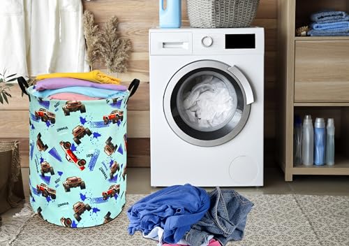Image of Round Car Truck Laundry Hamper Storage Basket Fabric Material Storage Hamper Organization Basket, Storage Bin, Gift Box with Handles for Room