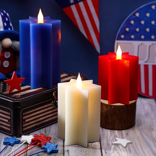 LCZLUMIPRO 3 Pack Star Shaped 4th of July Flameless Candles Red White and Blue Patriotic Battery Operated LED Candles Decorative Pillar Candles for Independence Day Home Party Decor