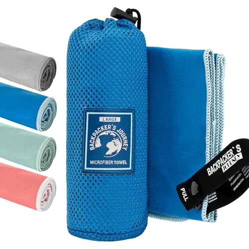 Backpacker's Journey Mikrofaser Handtücher in S M L XL. Reisehandtuch Sets leicht, schnelltrocknend, saugfähig und antibakteriell (blau L&M)