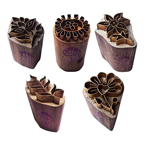 Royal Kraft Floral Brass Wooden Printing Stamps (Set of 5) - DIY Fabric, Clay, Pottery Blocks BHtag0002 Cover