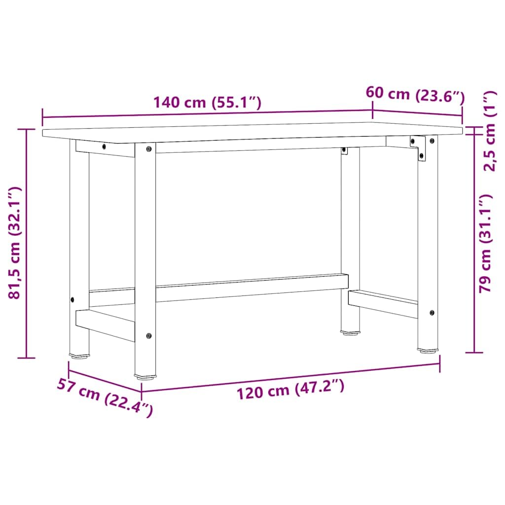 vidaXL Banco de Trabajo Madera Maciza de Roble 140x60x81,5 cm, Mesa de Trabajo, estación de Trabajo, Banco de Trabajo de Metal