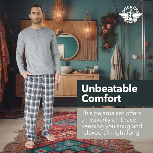 DOCKERS Men's Pajama Sets, Plaid PJ Pants for Men and Waffle Henley Long Sleeve Shirt4