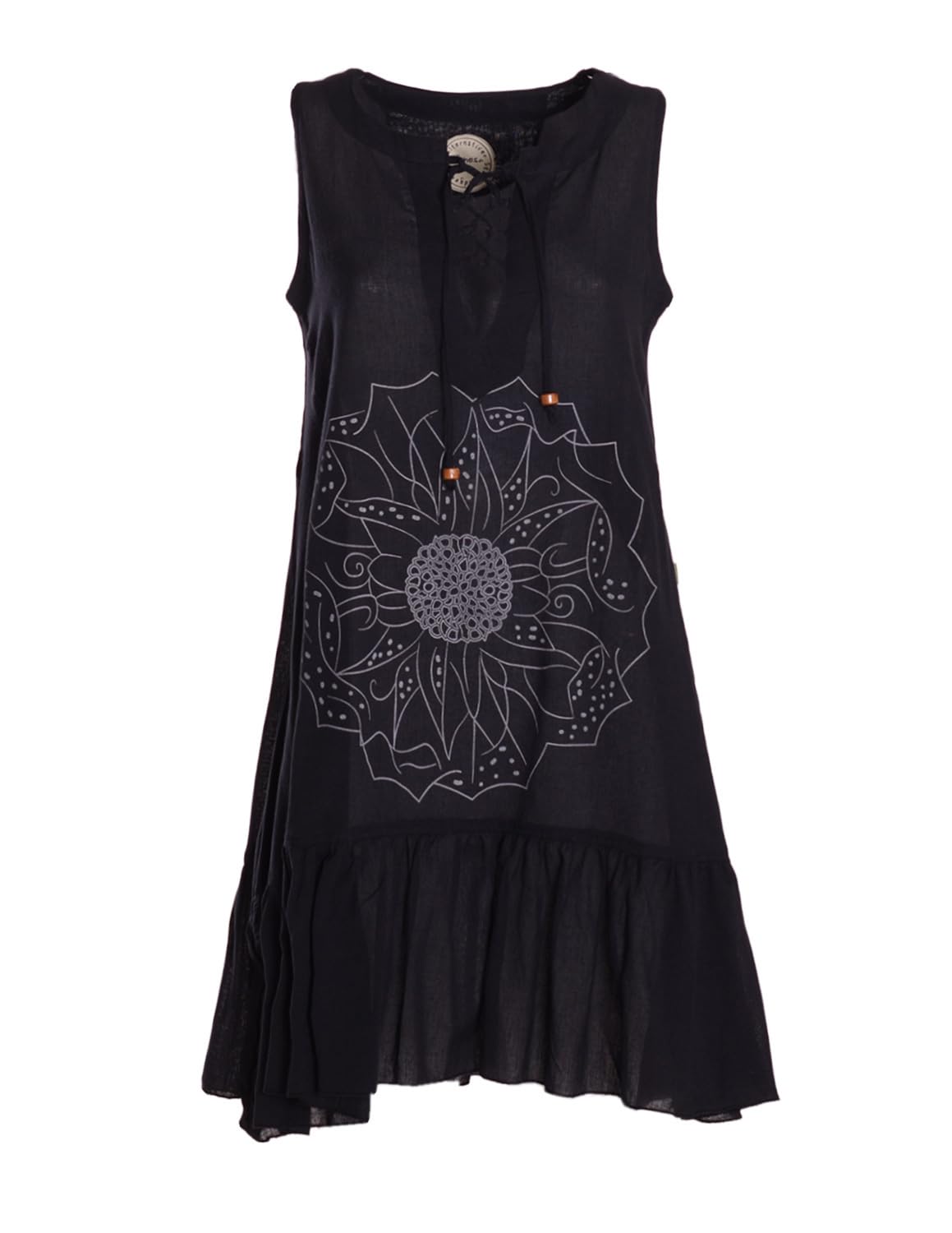 Vishes Alternative Bekleidung - Damen mittellanges Kleid Baumwolle Blumen-Muster Hängerkleid mit Schnürung und Holzperlen