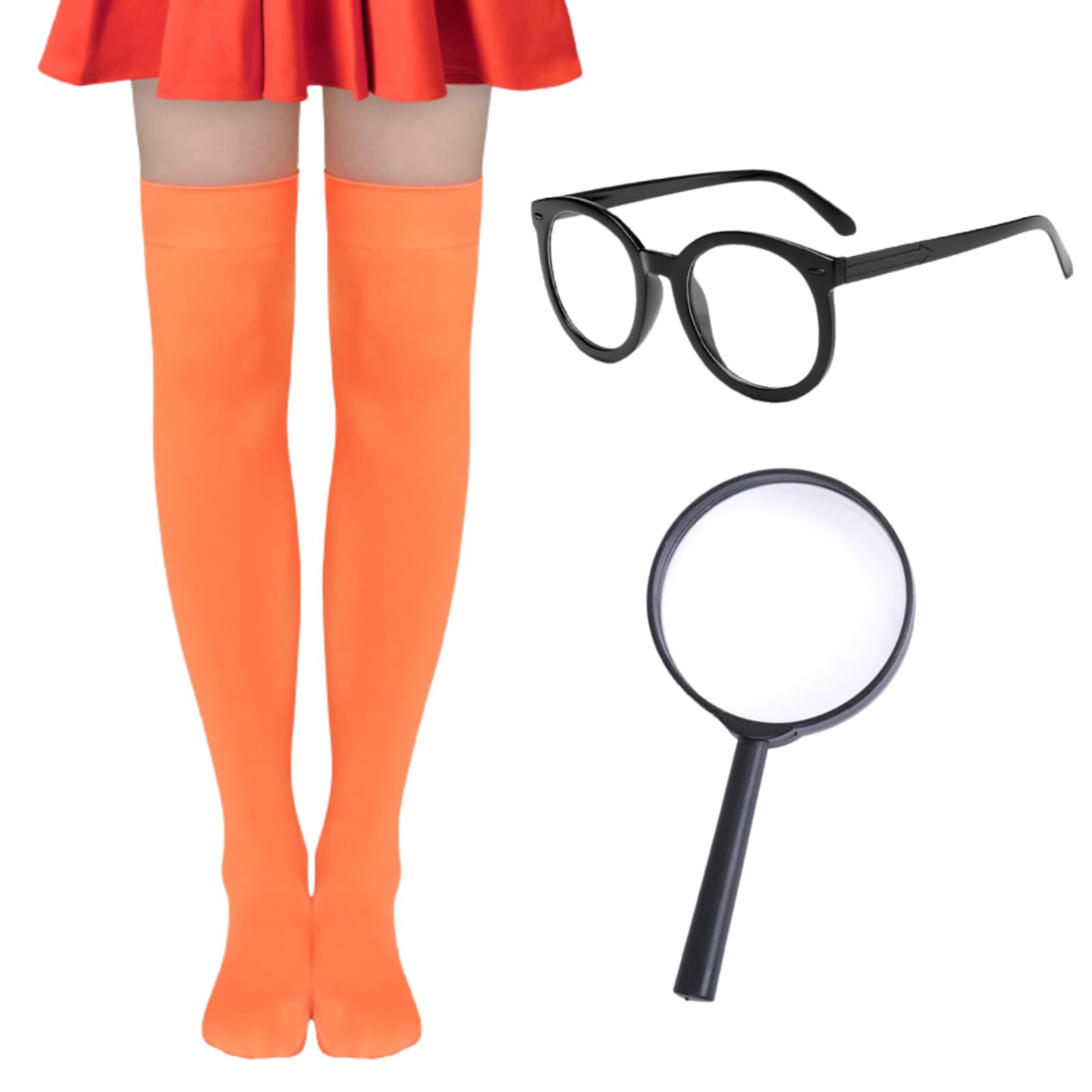 CICEYET3Pcs Halloween Deluxe Adult Velma Costume Orange Socks Plastic  Magnifying Black Glasses Accessories Set for Women Girls