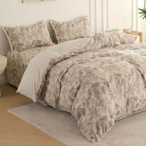 Image of Story@Home King Size Bedcover Set | 400 TC Microfiber Bedding Set with 1 Duvet Cover 1 King Bedsheet 270 x 250 cm & 2 Pillow Covers | Soft Durable Duvet Cover Set Floral Pattern|Beige Brown