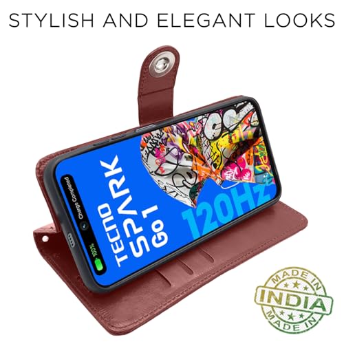 Image of Pikkme Flip Cover Leather Finish | Inside TPU with Card Pockets | Wallet Stand and Shock Proof | Complete Protection Button Flip Case for Tecno Spark Go 1 (Brown)