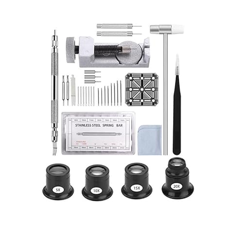 Yuhtech Uhrenarmband Werkzeug Set, Uhrmacherwerkzeug set mit 4 Stück Uhrmacherlupe 5x, 10x, 15x, 20x, Uhrenwerkzeug zum Einstellen und Ersetzen des Uhrenarmband Cover