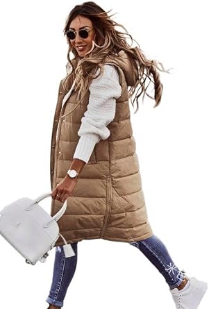 Womens Long Down Vest Sleeveless Hooded Jacket Long Puffer Vest outdoor Winter Warm Slim Zipper Casual Coat with pocket 3X-Large