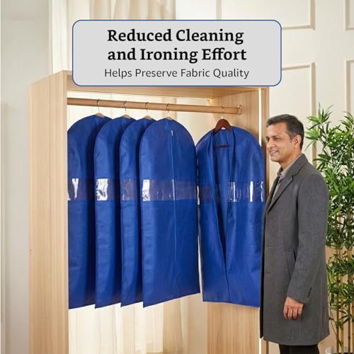 Image of Amazon Basics Non-Woven Suit, Coat, Jacket Cover | 120 GSM | Clear Window | Long Zip | 40 x 24 Inches | Pack of 5 (Blue)
