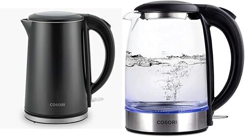 COSORI Hervidor eléctrico de acero inoxidable con doble pared, tetera eléctrica de 1.5 L con tapa abierta amplia, hervidor eléctrico negro de 1.7 L,