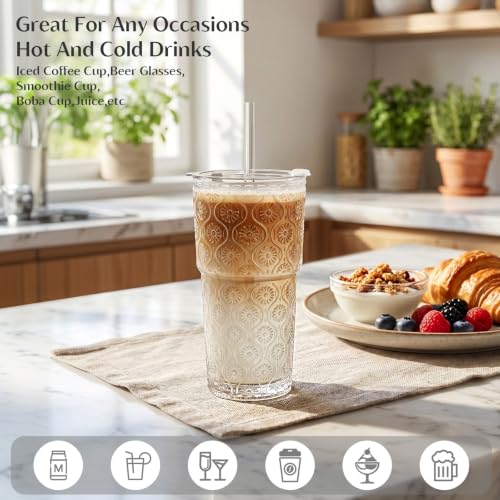 Image of INSETLAN 20oz Begonia Flower Glass Tumbler Set of 4 - Thickened Glass Cups with Lids and Glass Straws for Iced Coffee, Smoothies, Milk, Water, and More - Elegant& Durable Drinkware