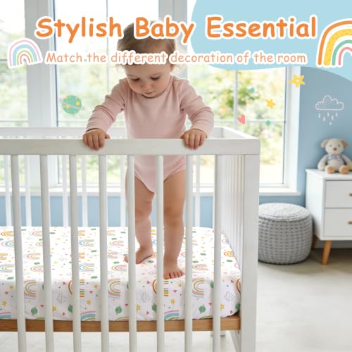 Image of JISEN Baby Fitted Crib Sheets for Boys Girls 52x28 Inch White Rainbow