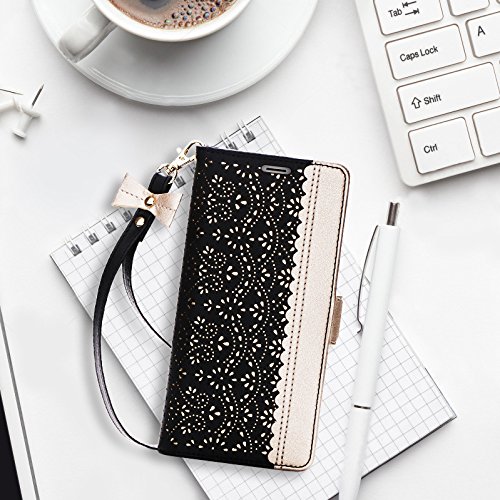 WWW Homelove iPhone 6S 4.7" Case, iPhone 6 Case, [Luxurious Romantic Carved Flower] Leather Wallet Case with [Inside Makeup Mirror] and [Kickstand Feature] for Apple iPhone 6/6S Black - Thumbnail 2