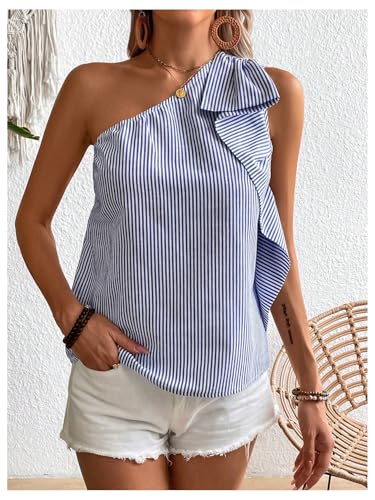 OYOANGLE Women's Striped Ruffle Trim One Shoulder Tank Top Sleeveless Tunic Blouse3