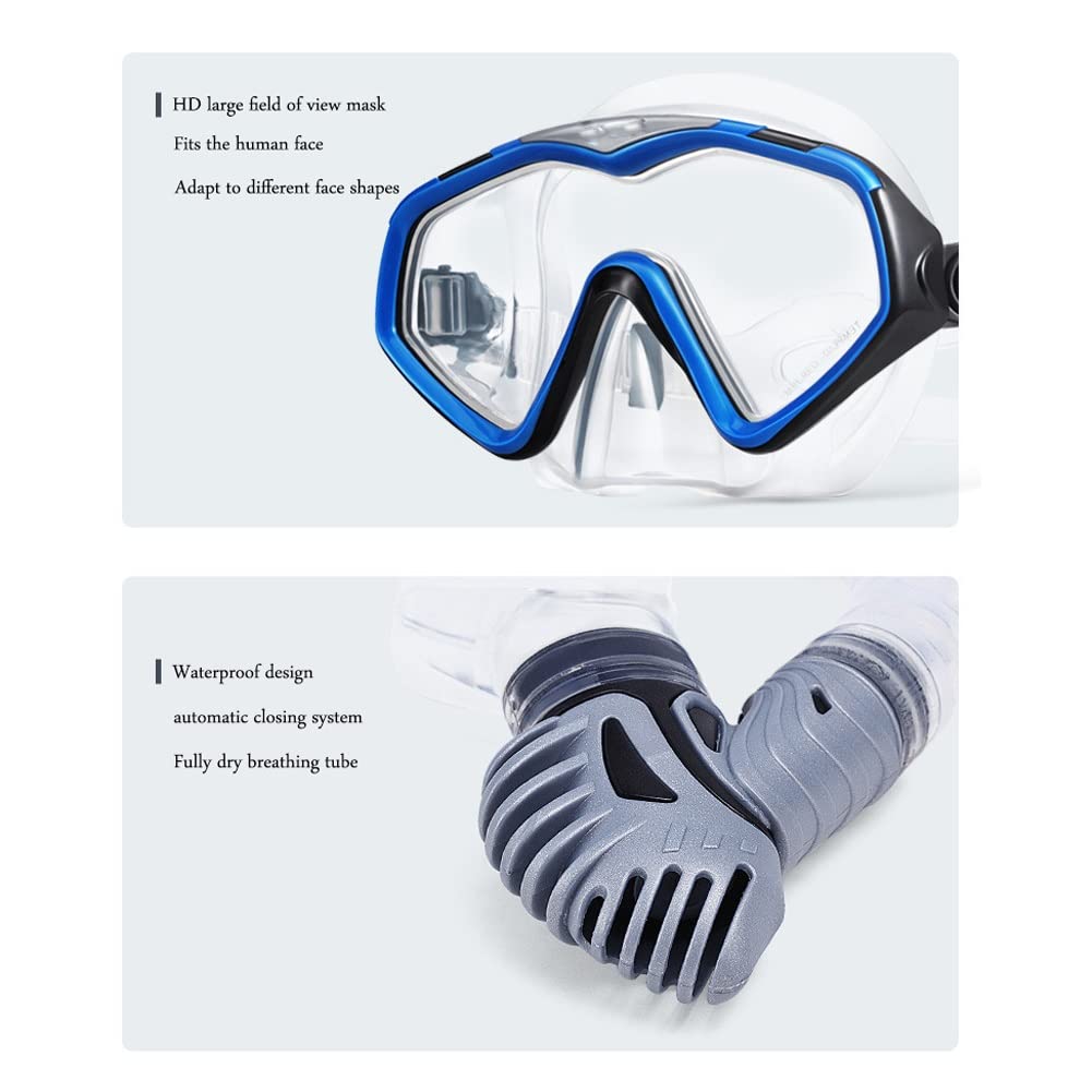 Gafas de buceo Gafas de buceo panorámicas de campo amplio Máscara de buceo antivaho Juego de snorkel Gafas de buceo profesionales para adultos Tubo de snorkel completamente seco Aletas largas Ale
