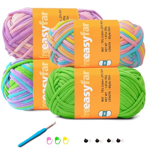 Image of 4x50g Beginner Easy Yarn Kit for Crocheting and Knitting; Worsted-Weight Medium #4;Crocheting and Knitting kit with Tool Set (Coral+Ocean+Periwinkle+Green, 4 Skein)