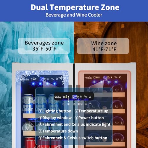 Image of 24 Inch Wine and Beverage Refrigerator, Dual Zone Wine Beverage Cooler, Built-in /Freestanding Beer and Wine Fridge with a Powerful Compressor, 20 Bottles and 88 Cans Capacity