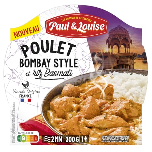 Paul & Louise Poulet Bombay Style & Riz Basmati 300 g – Plat Cuisiné Saveurs Indiennes – Barquette Micro-Ondable – Longue Conservation