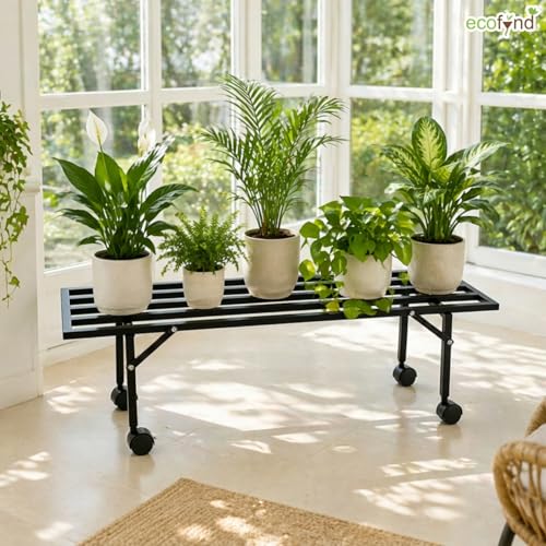 Image of ecofynd Scot 35 Inch Plant Stand with Wheels for Outdoor Balcony, Flower Pot Stand for Indoor Plants, Large Metal Planter Stand for Living Room, home decor, Indoor & Outdoor plants, 1 Tier (PS051-BLK)