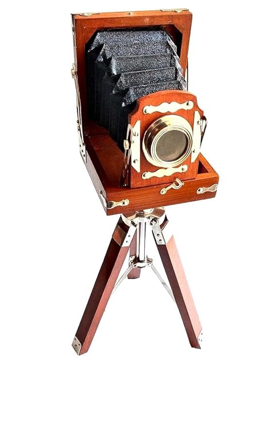 Image of Mini Old Antique Looks Old Time Retro Photography Camera with Wooden Tripod Stand (Brass Antique Brown)