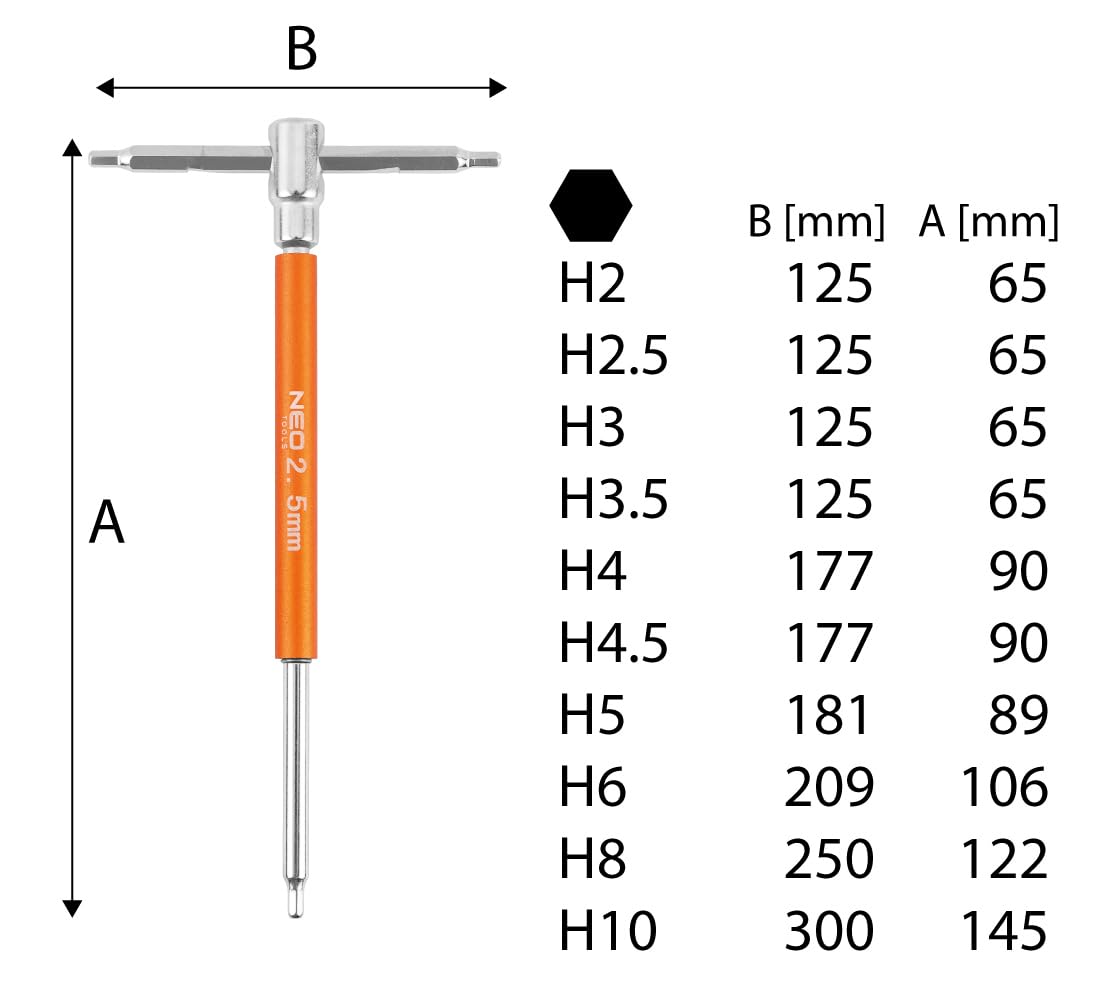 NEO TOOLS 10-teiliges Sechskant-Set, T-Griff Schlüsselsatz | Kombischaftschraubenschlüssel 10 Innensechskantschlüssel (HEX): 2 mm bis 10 mm mit Metallständer