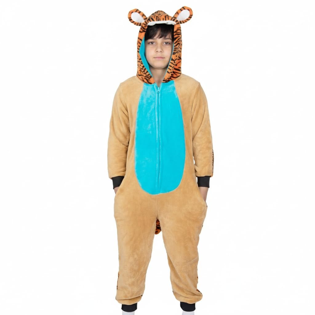 A2z 4 Kids Unisex Kids Tiger Costume Jumpsuit Soft Plush Fleece Hooded Playsuit One Piece Animal - E.soft 935 11-12