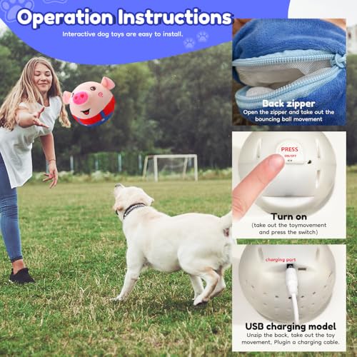 Image of Active Moving Pet Plush Toy, Smart Interactive Dog Toy Pet Bouncing Balls, USB Rechargeable Washable Cartoon Plush Squeaky Pig Dog Toy for Dog /Puppy and Cats, with 120 Music (Red Pig)