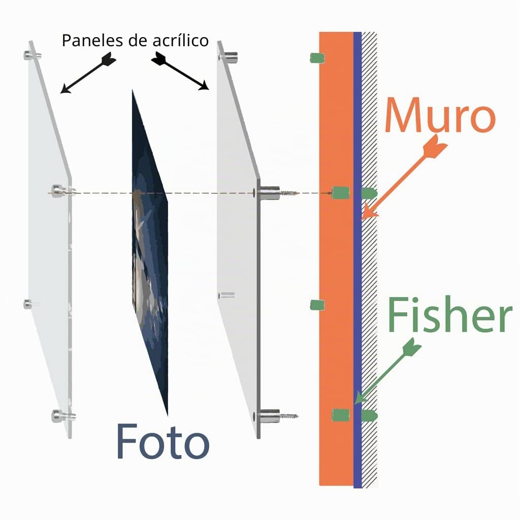 Marco acrílico con espaciadores de pared portafotos de plexi doble de acrílico transparente para colgar fotos varios formatos (30 x 40)