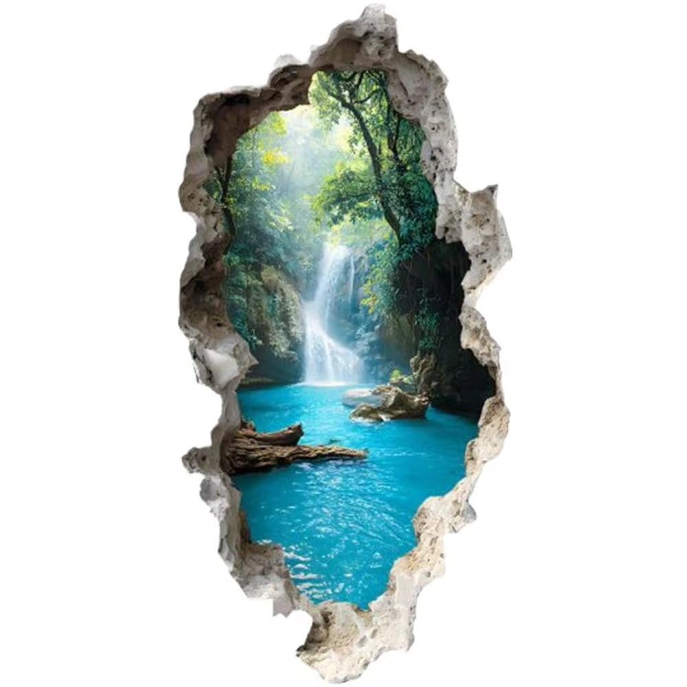 hzzsbu 3D Broken Wall Waterfalls Forests Scenery Wall Sticker Peel and Stick Natural Scenery Mural Wall Decal Art Decor for Bedroom Living Room Nursery