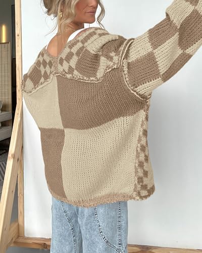 Image of BTFBM Casual Cardigan Sweater for Women Fall 2026 Long Sleeve Open Front Chunky Knit Sweaters Checkered Outwear Coat