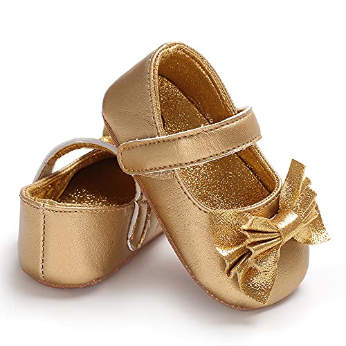 Amsdama Girl Baby Shoes Infant Soft And Light Cotton Sole Pu Soft Leather With Bowknot Mary Jane Shoes Flats Toddler (Cotton Sole/Gold B175,0 Months) #TOP2