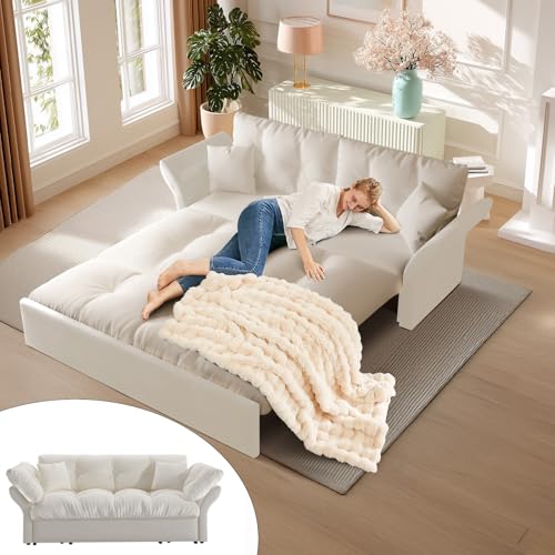 Image of 74.8" Queen Pull Out Sofa Bed, 3-in-1 Convertible Sleeper Sofa, Velvet Queen Size Pullout Couch Bed, Comfy Cloud Pullout Sofabed, Multi-Functional Couches for Living Room, Bedroom, Lounge (Beige)