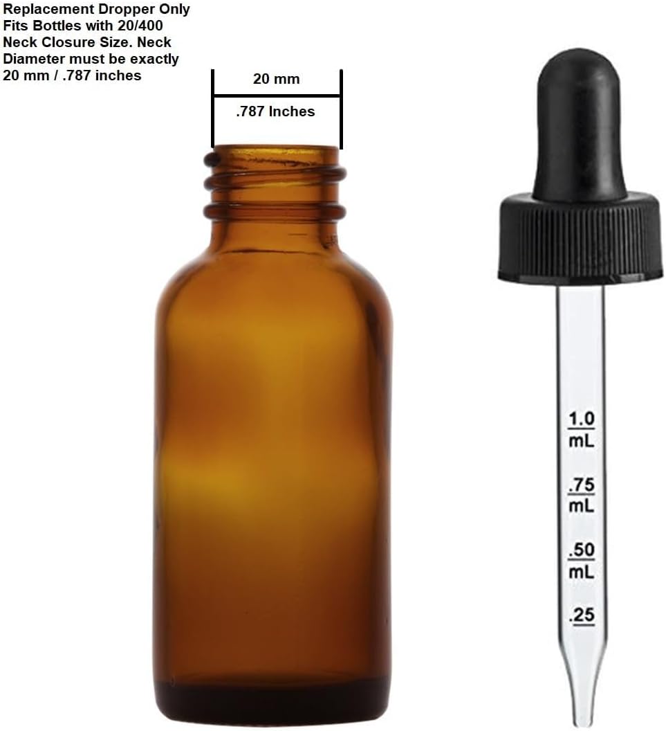 20-400 Graduated Dropper Caps with Glass Pipette – Black PP Child-Resistant Droppers for 1 oz (30 ml) Bottles, 1 mL Measurement (Pack of 5)