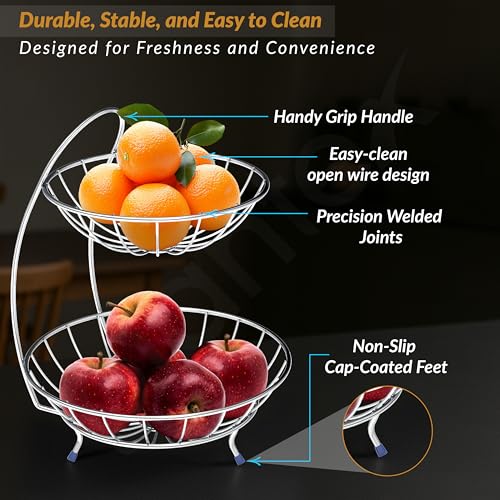 Image of Plantex Fruit Basket for Dining Table /2- Tier Stainless Steel Fruit Storage Basket Stand for Kitchen /Fruit And Vegetable stand for Kitchen(Chrome Finish)