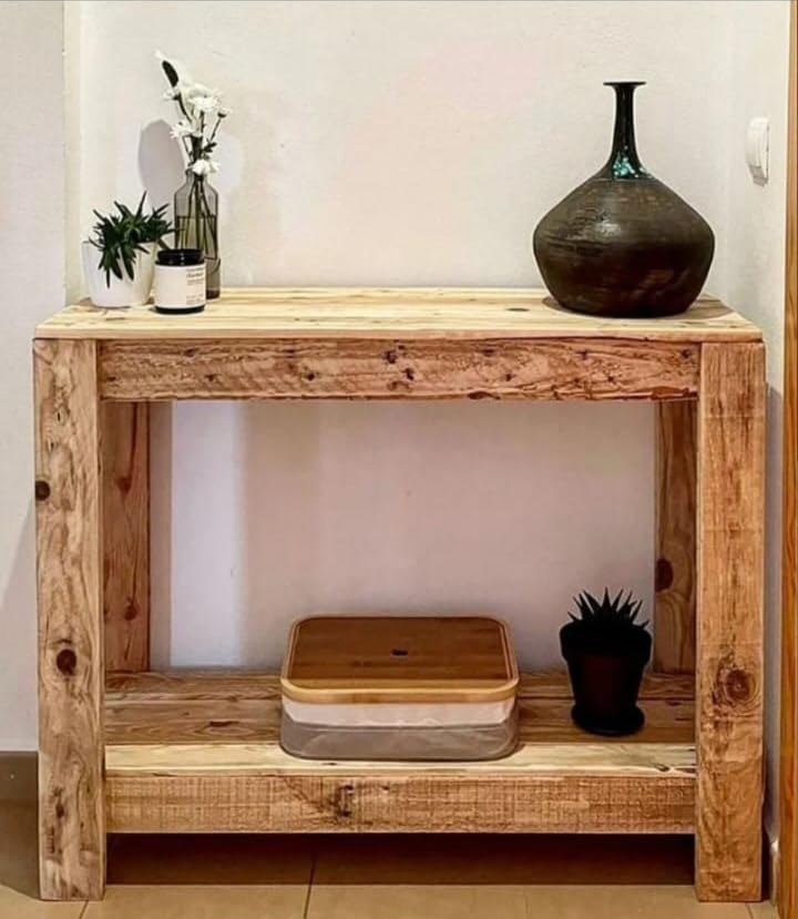 Consola Rústica de Madera Reciclada, Mesa Auxiliar con 2 Niveles, Mueble Artesanal de Palets (80 CM X 30 CM X 80 CM)