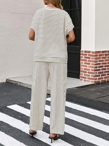 Tankaneo Womens Striped 2 Piece Sets Short Sleeve T Shirts Wide Leg Pants Matching Lounge Set with Pockets - Thumbnail 5