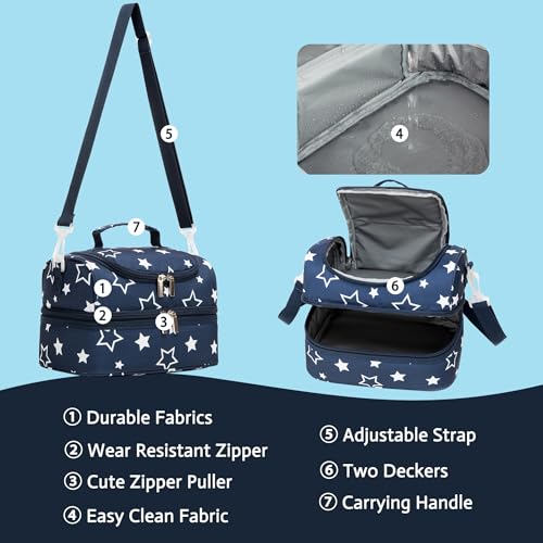 Image of Insulated Kids Dual Compartment Lunch Bags Tote Pack for Girls Boys Toddler Kindergarten School Picnic Cooler Thermal Lunch Boxes with Strap Blue Star