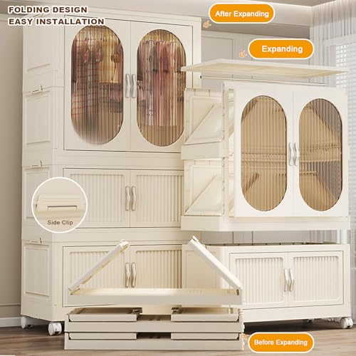 Tragbarer Kinder-Kleiderschrank mit transparenten Türen, faltbarer Design-Hängestange & Rädern, platzsparende Aufbewahrung für Kinderzimmer & Spielzimmer
