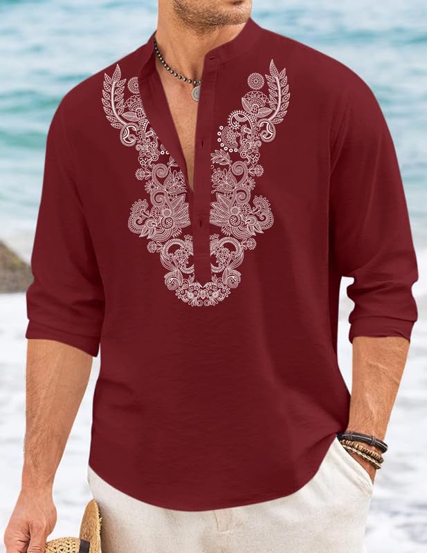 Image of FINIVO FASHION Men's Cotton Blend Short Kurta with Full Sleeves and Ethnic Neck Design | Casual Crinkle Texture Kurta with Mandarin Collar