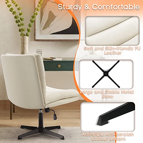 Pukami Armless Desk Chair No Wheels,Pu Leather Criss Cross Legged For Home Office,Modern Swivel Vanity,Mid-Back Computer Chair,Height Adjustable Wide Seat Task Chair (Beige) #TOP5