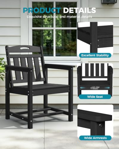Image of Ciokea HDPE Outdoor Patio Dining Chairs Set of 2, All-Weather Porch Chair with Wide Seat, Durable Outdoor Furniture for Backyard, Garden, Lawn & Poolside, Black