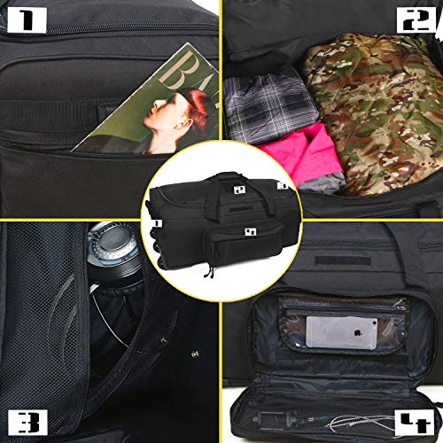 XWLSPORT Military Wheeled Deployment Bag Tactical Camo Heavy Duty Duffel Bag Water-Resistant Luggage Bag It's Suitable on Travelling, Camping, Business, Sporting Ect (Black)