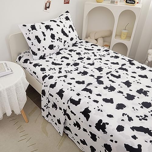Image of Viviland 3 Pieces Boys Girls Black White Twin Sheet Set - Soft Microfiber Fitted Flat Sheets & Pillowcase - Cute Farm Animal Cow Printed Bedding Sets - for Kids & Toddlers