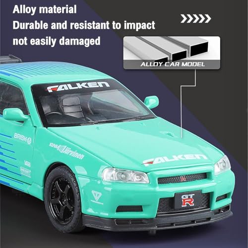 Image of 1:32 Scale Nissaan Skyline R-34 Model Alloy Metal Pull Back Toy car for Kids with Openable Doors & Light, Music Toy Vehicle for Kids (1:32 Nissaan Skyline R-34 (Green))