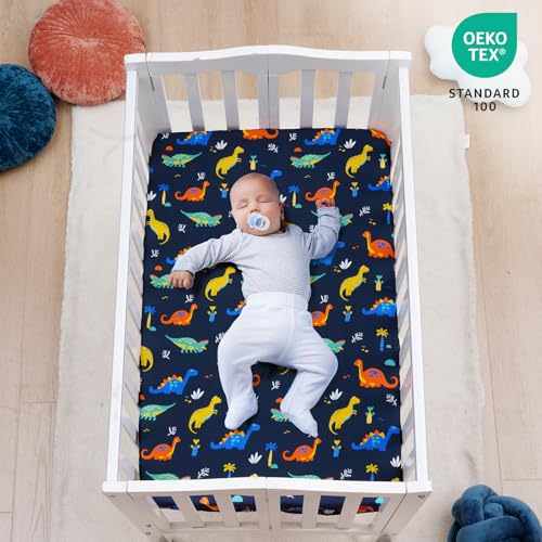 Image of david's kids 3 Pack Mini Crib Sheets, Soft Breathable Premium Pack N Play Sheets for Baby Boys Girls Neutral, Playard and Mini Crib Mattresses, Dinosaur