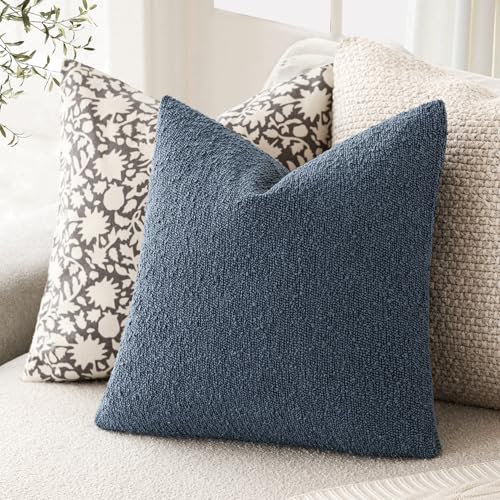 Image of Foindtower Pack of 2 Textured Boucle Throw Pillow Covers Accent Solid Pillow Cases Cozy Soft Decorative Couch Cushion Case for Chair Sofa Bedroom Living Room Home Decor 20x20 Inch Dark Blue