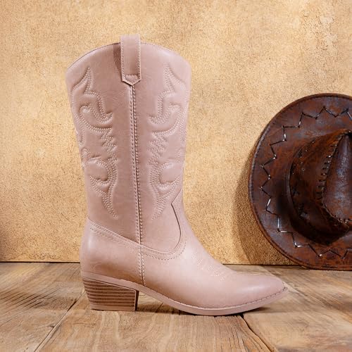 DREAM PAIRS Women's Cowboy Boots Pull On Cowgirl Boots Mid Calf Western Boots, Available in Regular and Wide Calf,Size 6.5,Pink,SDMB2218W