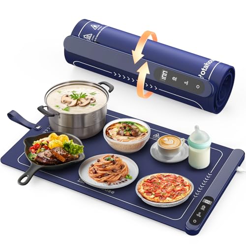 Potahouse® Warming Mat for Food, Graphene Full-Surface Fast Heating, Electric Warming Tray with 6 Temp & Timer Settings, Rollable & Portable Silicone Food Warmer for Parties, Home and Travel, Blue