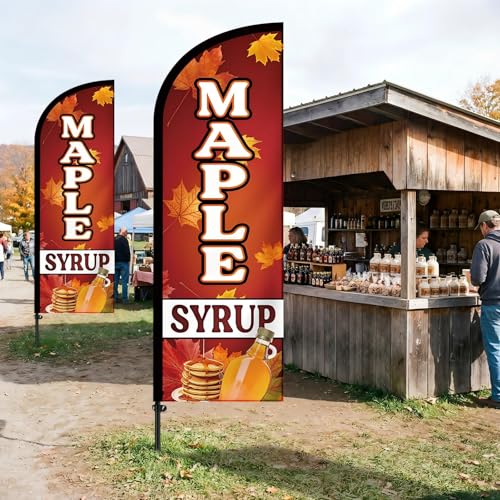 Image of Remagr 2 Pack Maple Syrup Feather Flag 7 ft Advertising Swooper Flag Sign Windless Maple Syrup Banner with Pole Kit and Ground Stake for Businesses Restaurants Outside Ground